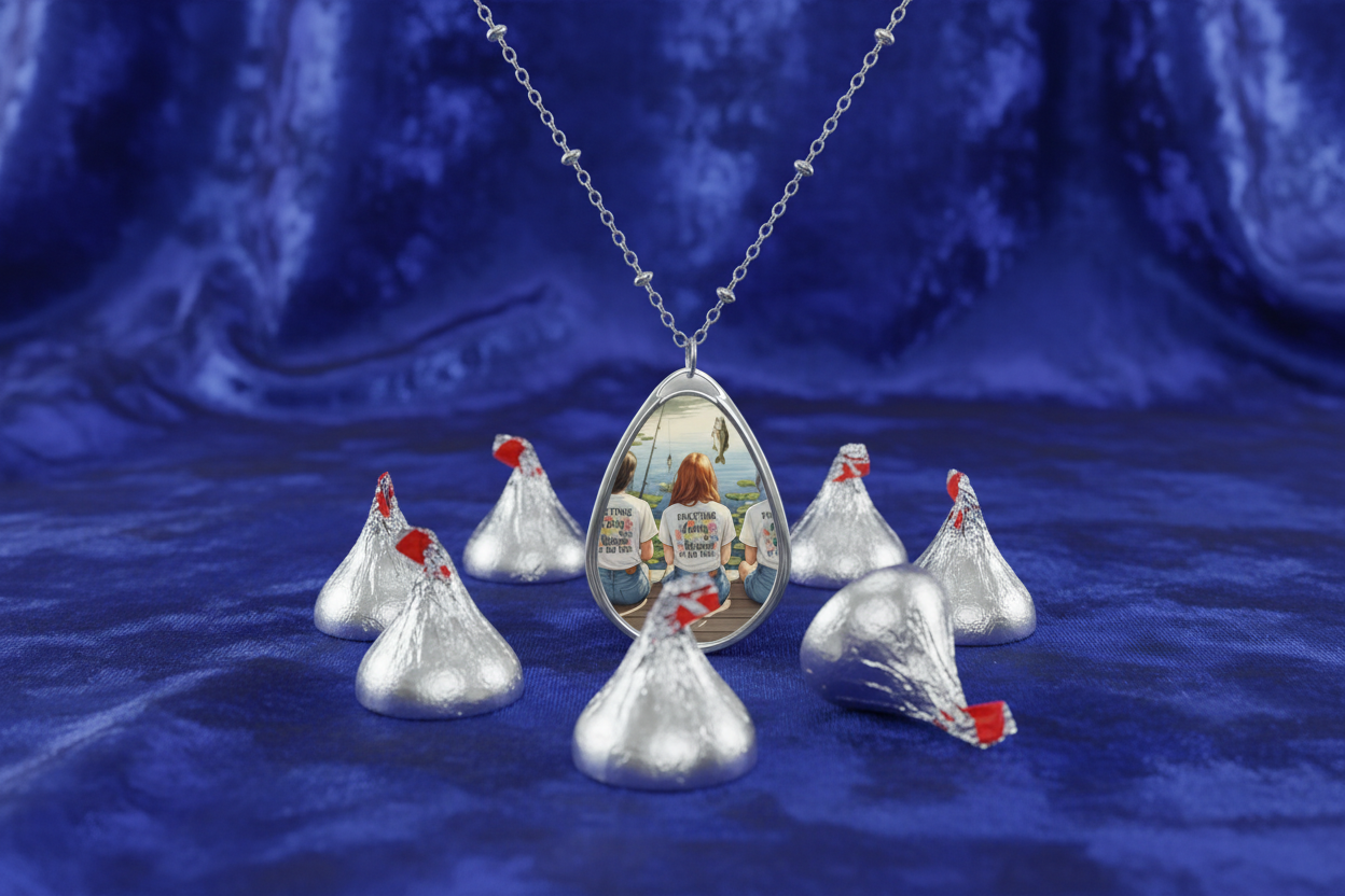 Necklace with a teardrop-shaped pendant surrounded by small silver cones on a blue fabric background