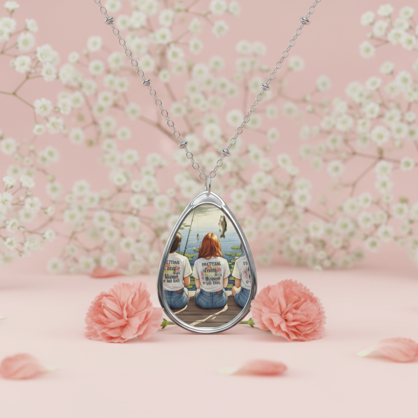 Teardrop-shaped pendant with a scenic design on a pink floral background