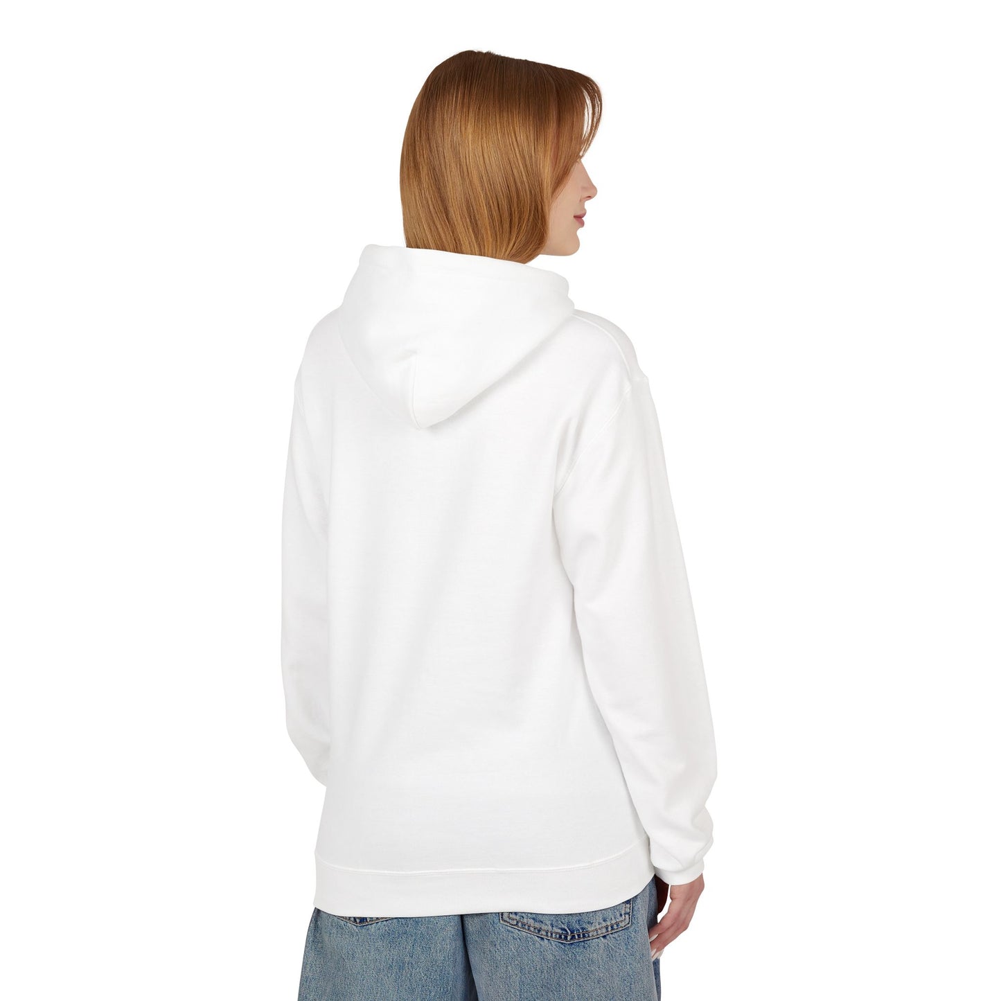 Person wearing a white hoodie on a white background