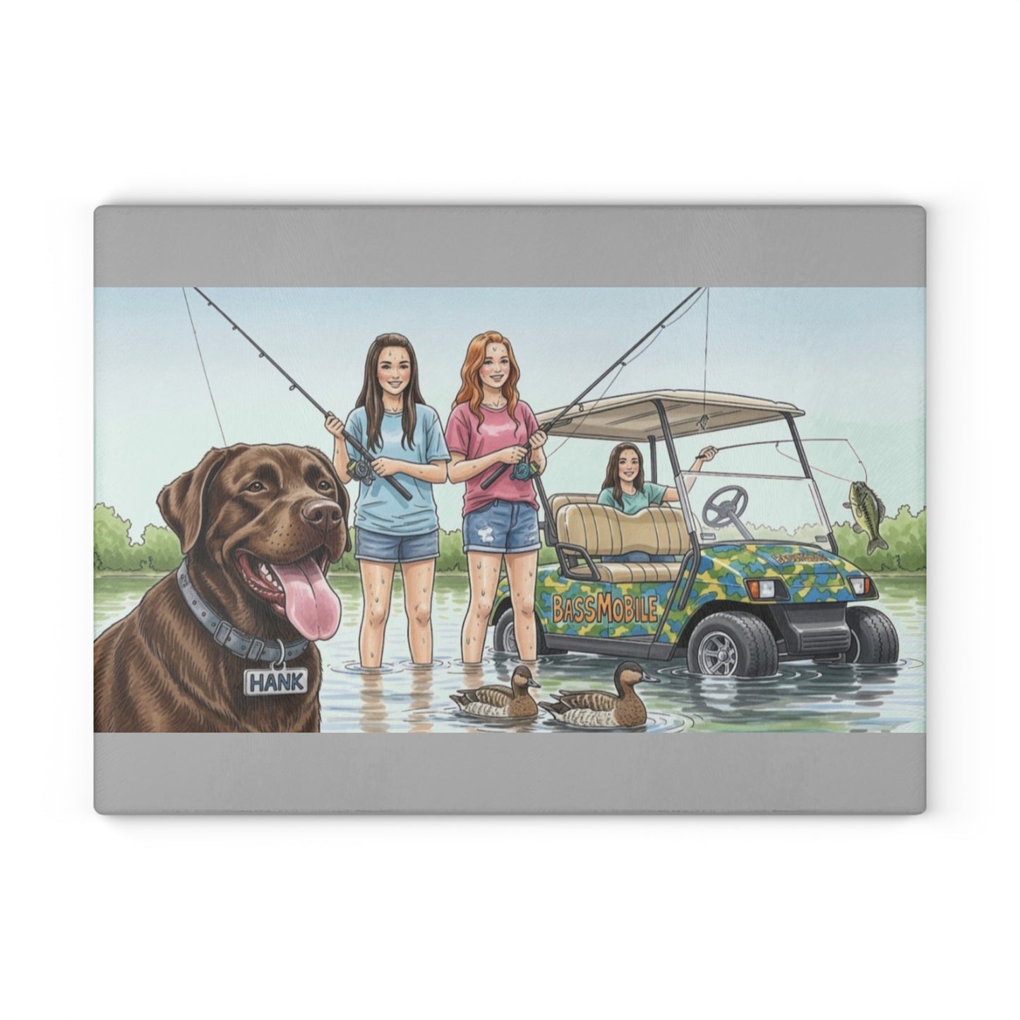 Illustration of three women with a dog by a golf cart on water on a glass cutting board
