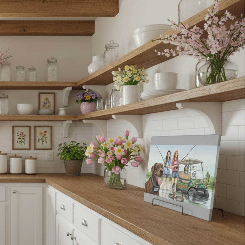 Kitchen with wooden shelves and counter top, featuring flowers and a glass decorative cutting board.