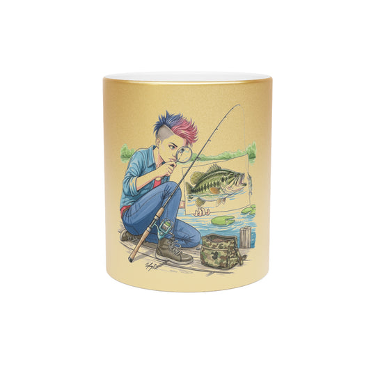 Ceramic mug with a colorful illustration of a person studying fishing, featuring a fish and nature elements on a gold metallic background