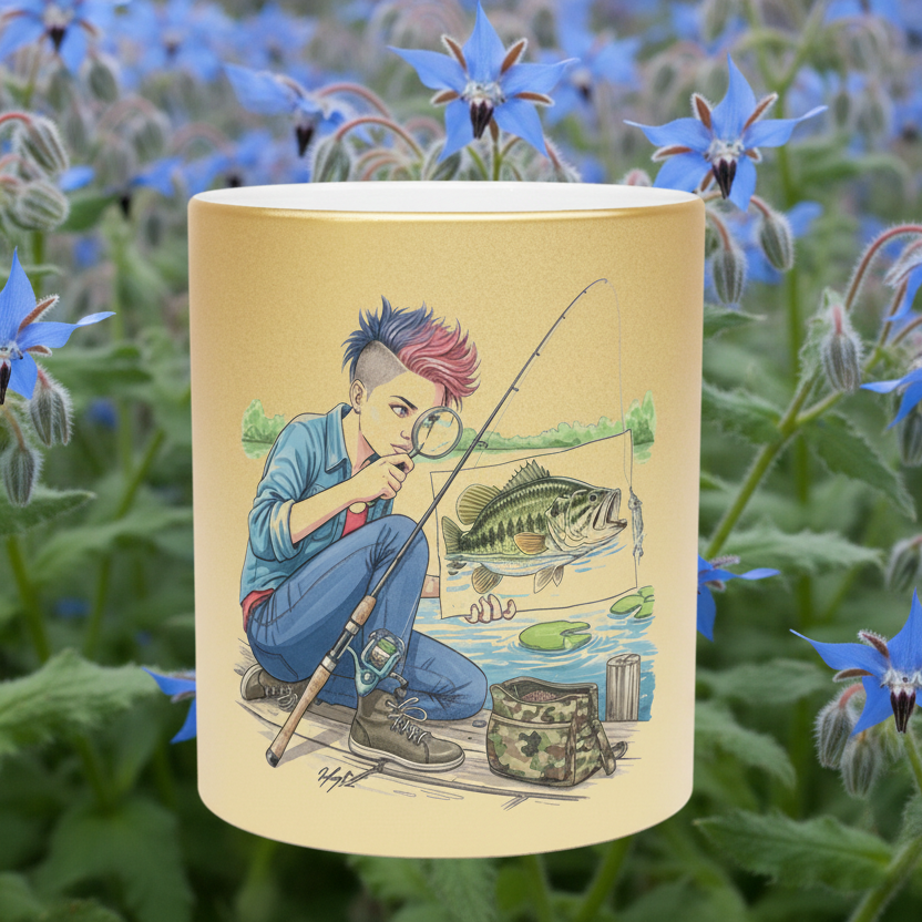 Illustrated mug with a person fishing design, surrounded by borage flowers.