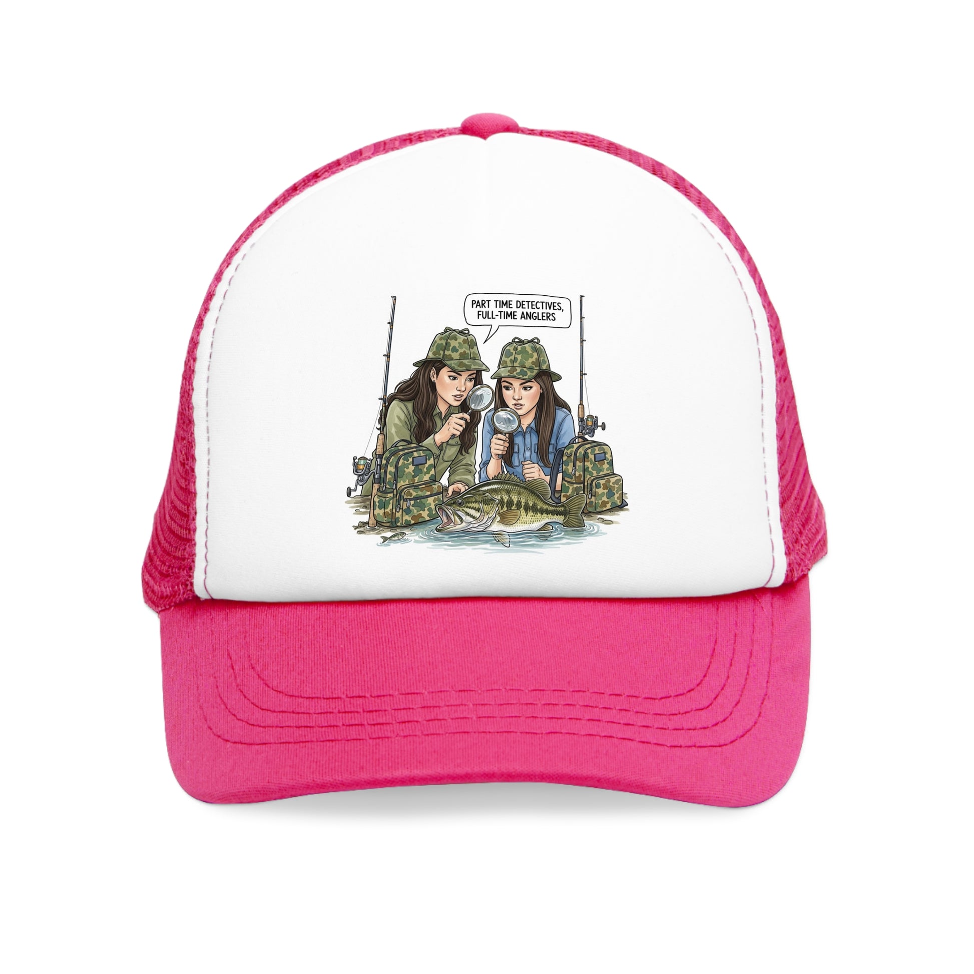 Pink and white trucker hat with graphic design of two people in camouflage and a fish on a white background