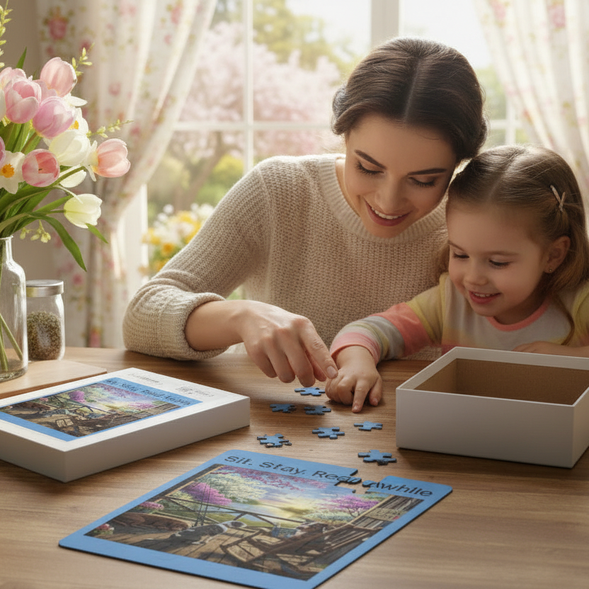 Woman and child playing with a puzzle at a table in a bright room with flowers and a window in the background.