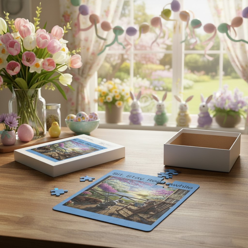 Puzzle on a table with flowers and decorative items in the background