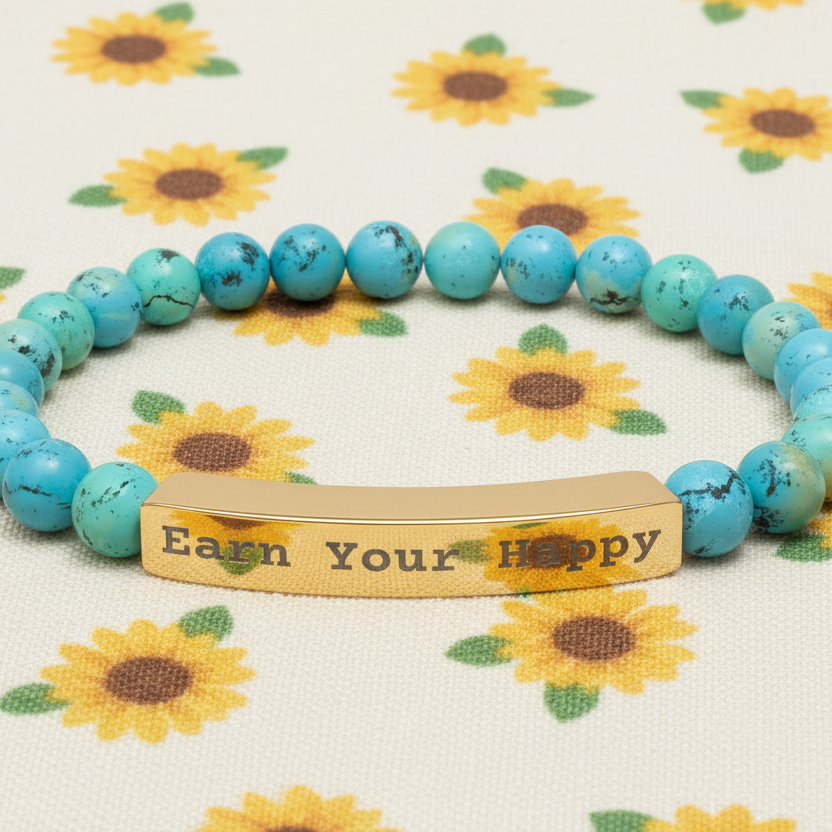 Natural stone stretch Turquoise beaded bracelet with gold bar on a floral background

