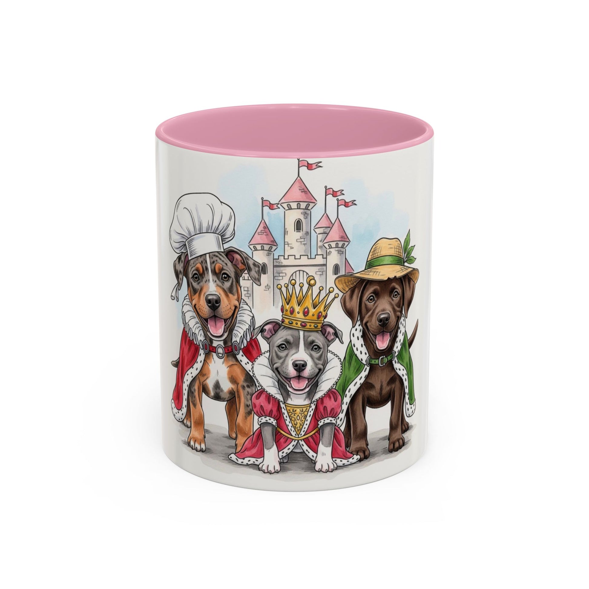Mug with cartoon dogs dressed in costumes in front of a castle on a white background