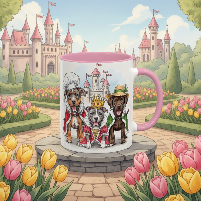 Mug with cartoon dogs in costumes against a castle and garden background