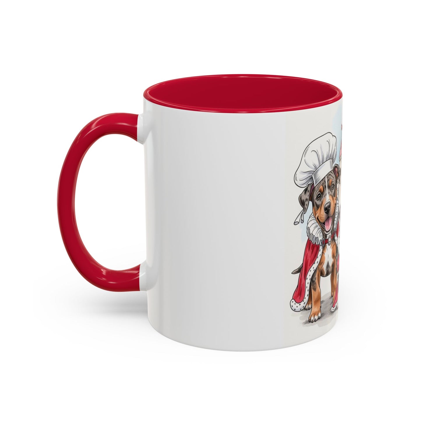 White mug with red handle featuring a dog illustration on a white background