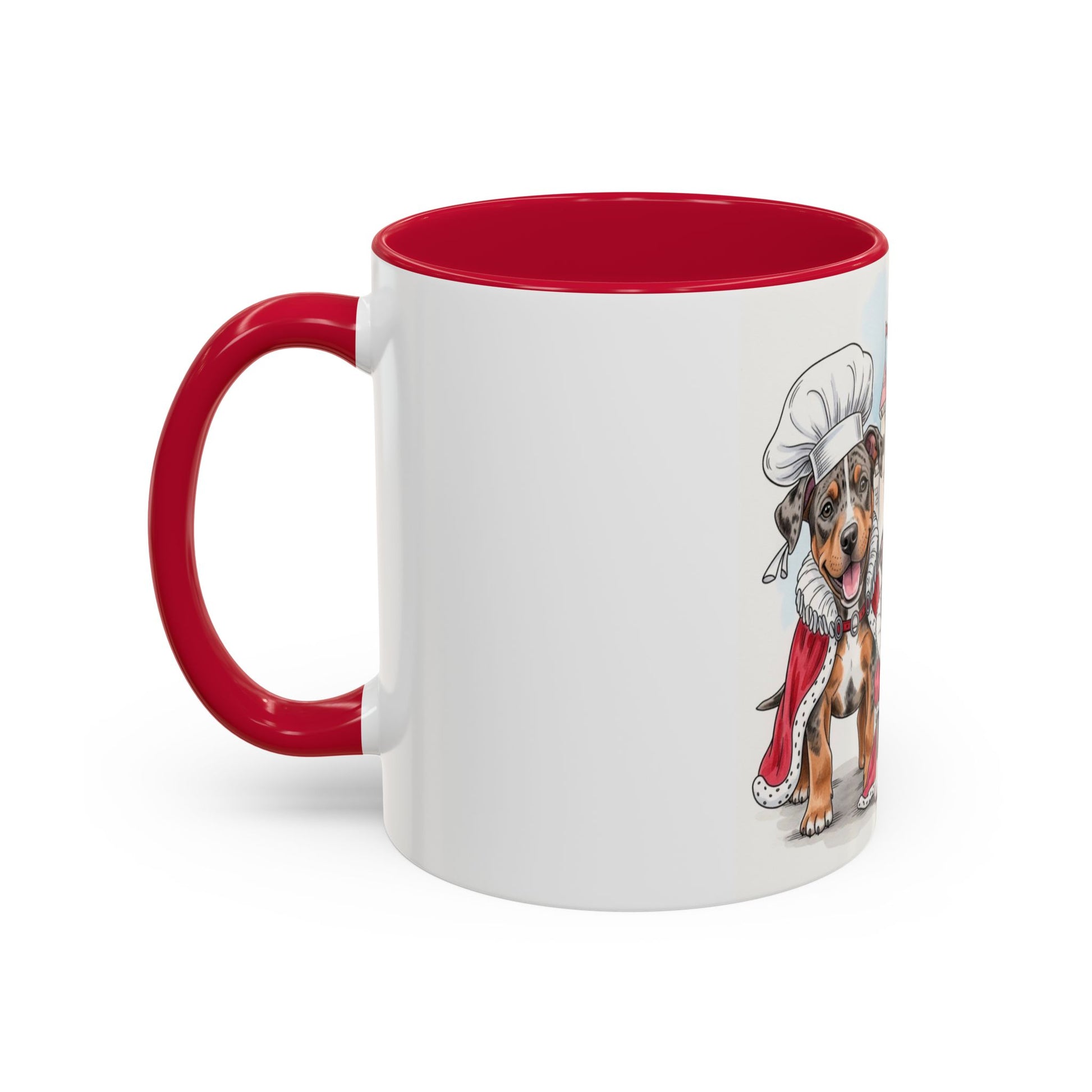 White mug with red handle featuring a dog illustration on a white background