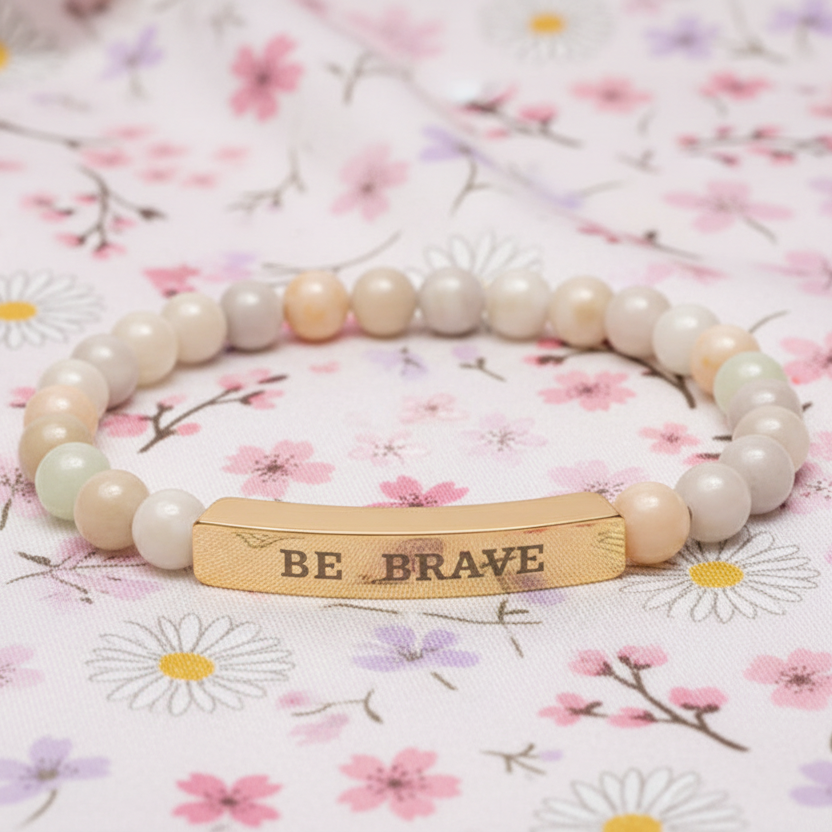 Natural Stone beaded stretch bracelet with a gold bar featuring 'BE BRAVE' on a floral background