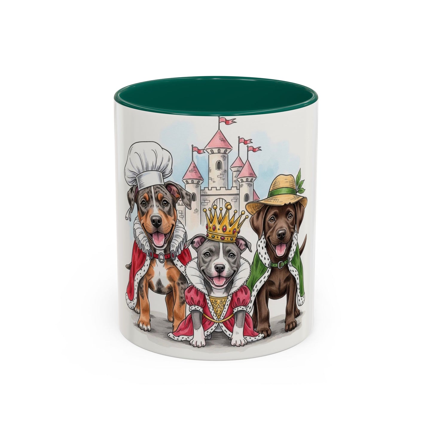 Mug with cartoon dogs in costumes on a white background