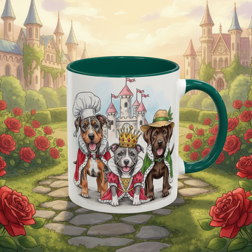 Mug with dog illustrations in a castle setting on a background of red roses and a castle.