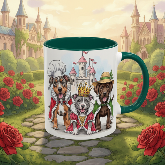 Mug with dog illustrations in a castle setting on a background of red roses and a castle.