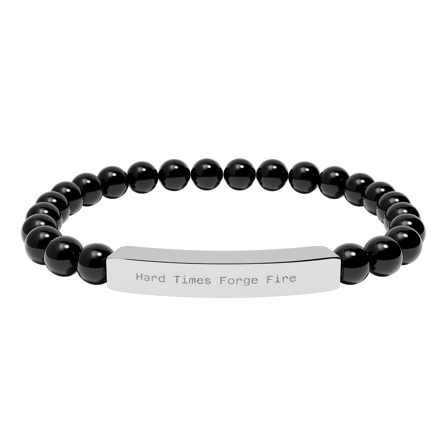 Black beaded bracelet with a silver tag on a white background