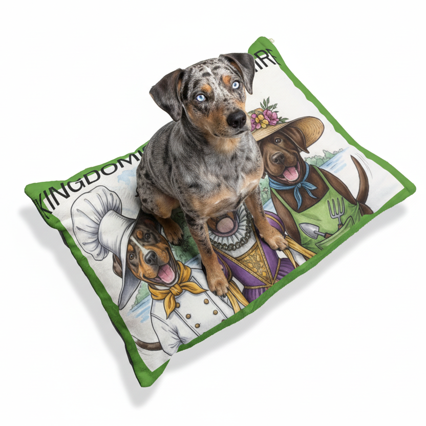 A Catahoula Leopared dog sitting on a pet bed 