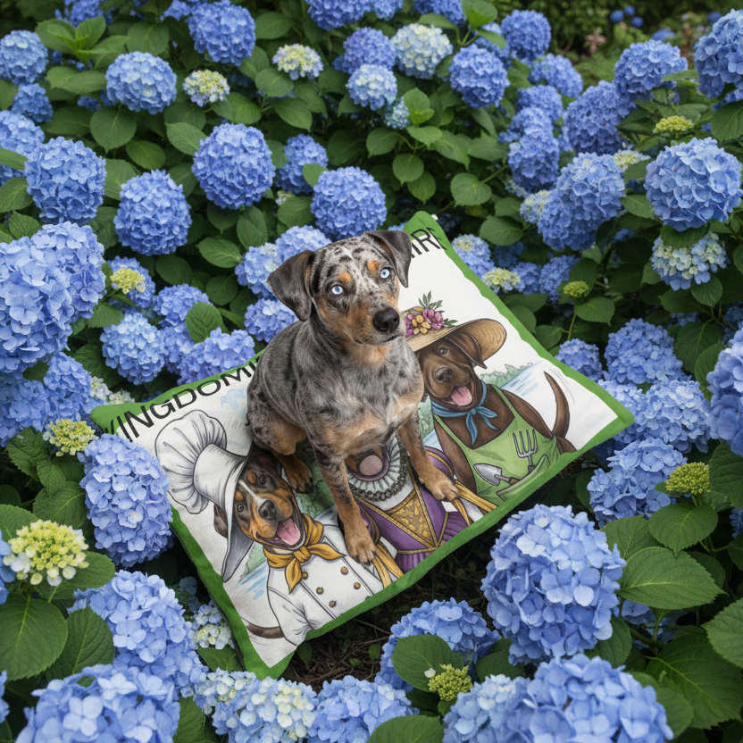 Dog sitting on a pillow with cartoon characters surrounded by blue hydrangeas
