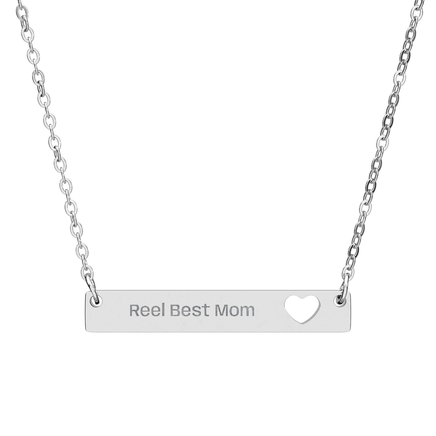 Silver stainless steel bar necklace with heart cut out engraved with "Reel Best Mom"