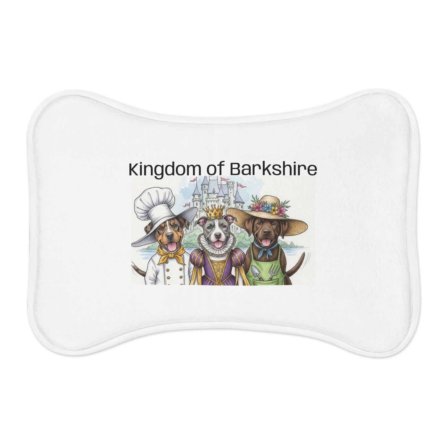 Decorative bone shaped pet feeding mat with the brand of Kingdom of Barkshire castle logo of Royal Chef Slim, Queen June, and Royal Gardener Hank as puppies.