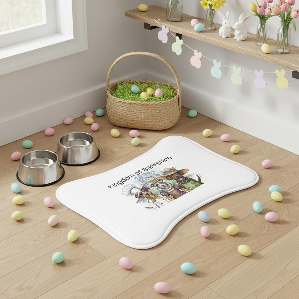 Dog mat with cartoon design on a wooden floor with Easter decorations