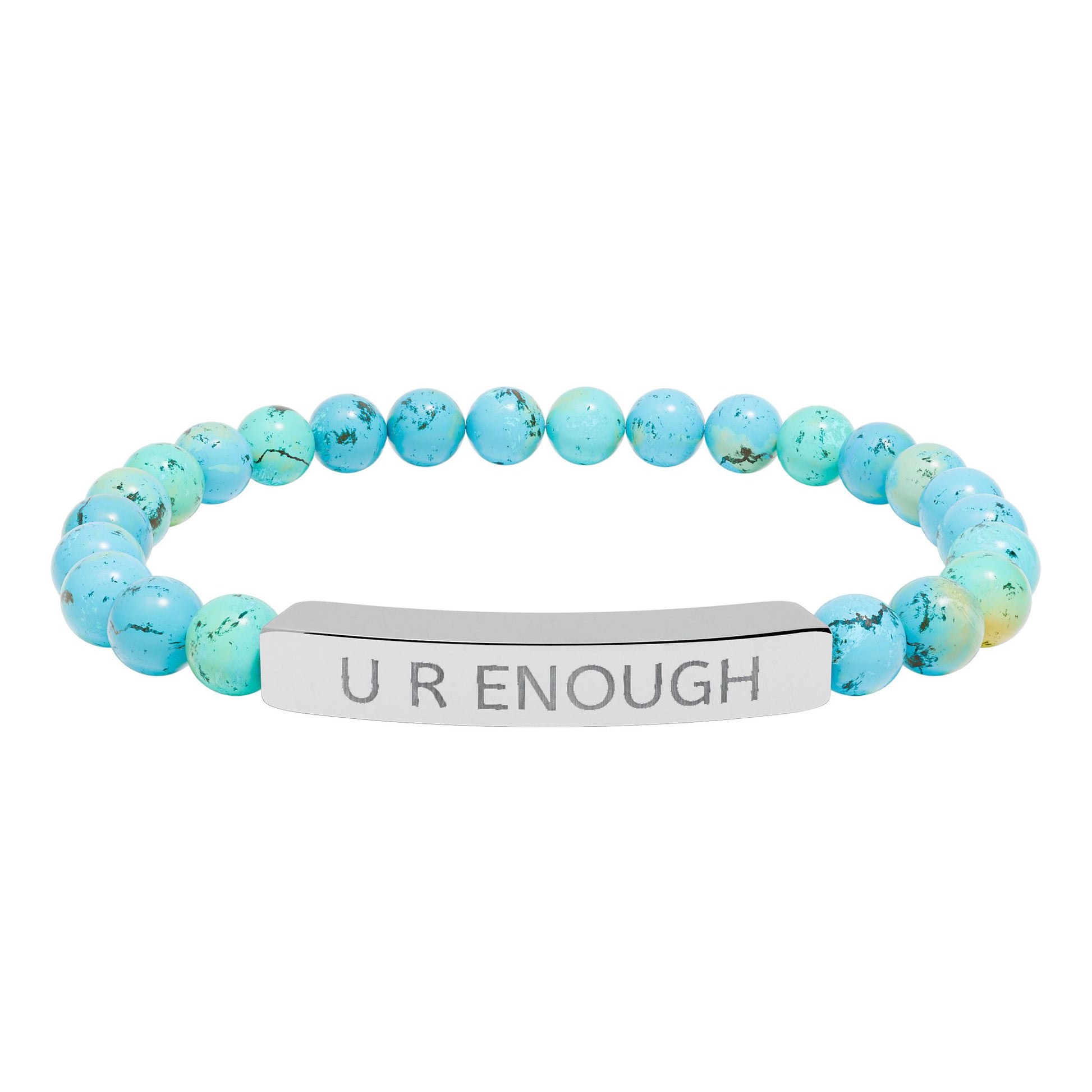 Turquoise natural stone beaded bracelet with a silver tag on a white background