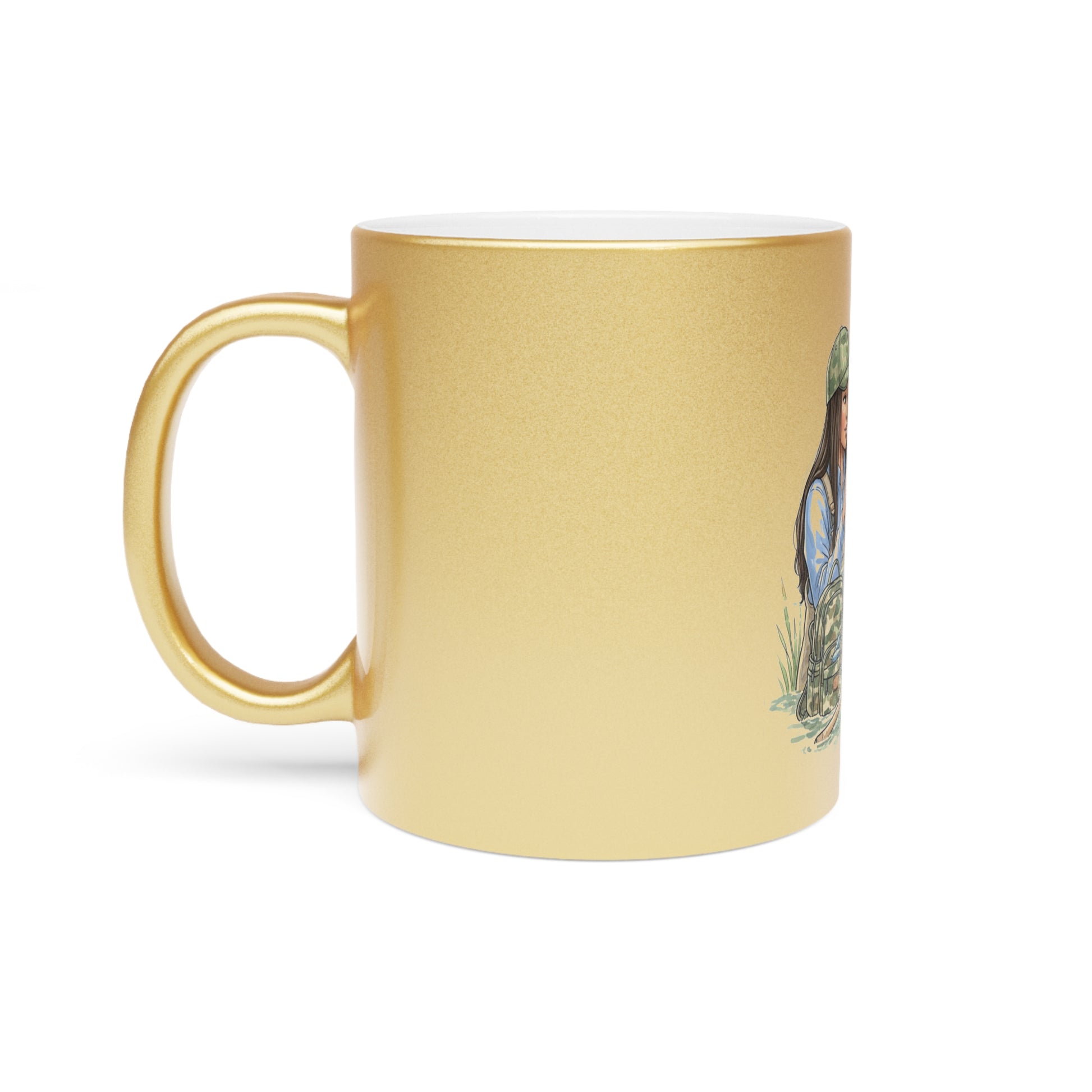 Gold mug with a graphic design on a white background