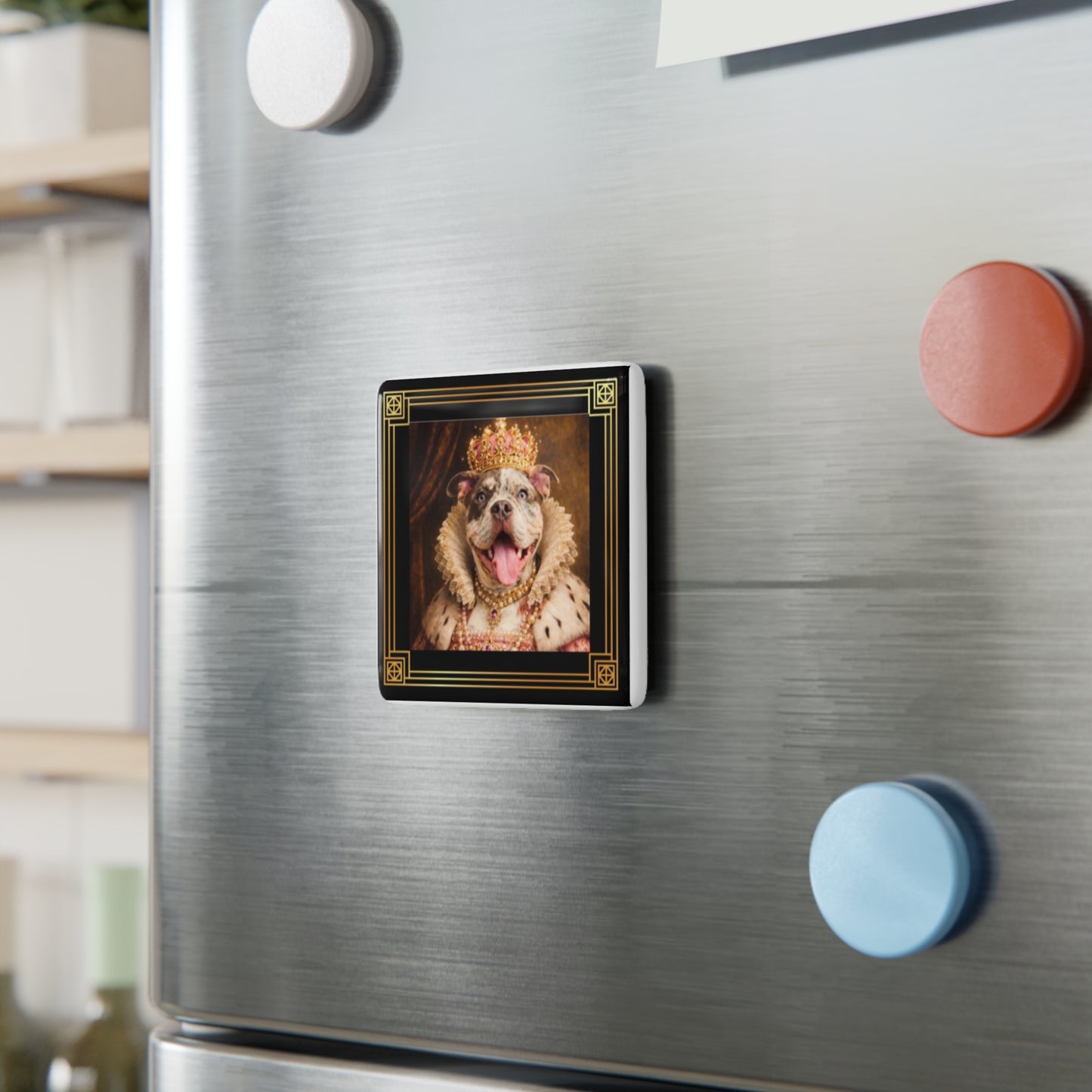 Fridge magnet with a Queen June wearing a crown on a metallic refrigerator.