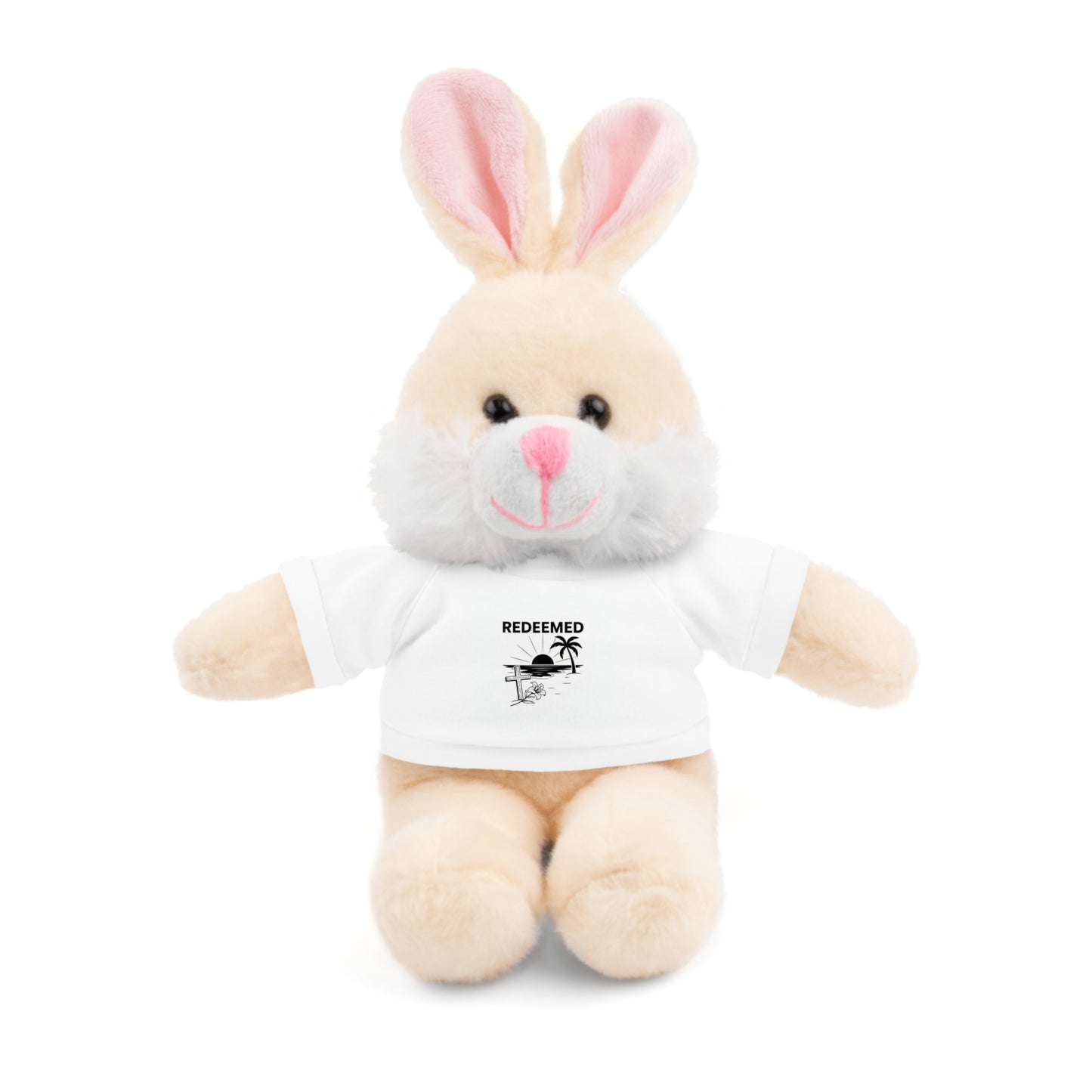 Plush toy rabbit wearing a white shirt with text on a white background