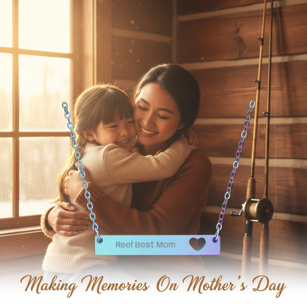 Cutout Heart Bar Necklace — Engraved "Reel Best Mom" Pendant