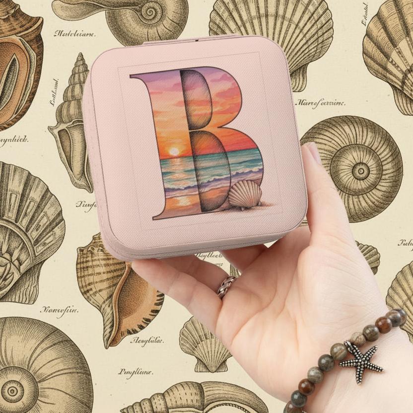 Pink case with 'B' design held by a hand against a background of shell illustrations