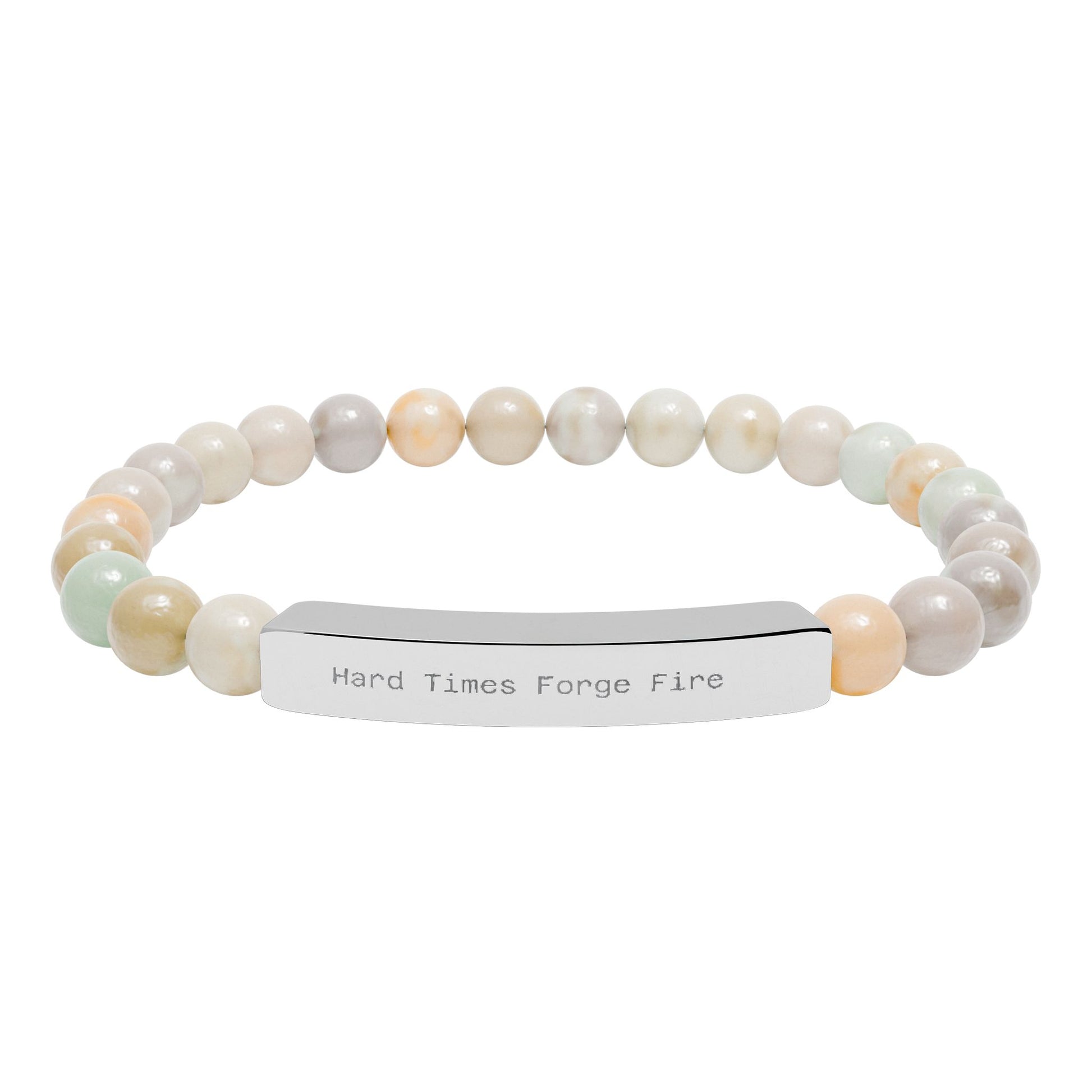 Beaded bracelet with a silver tag on a white background