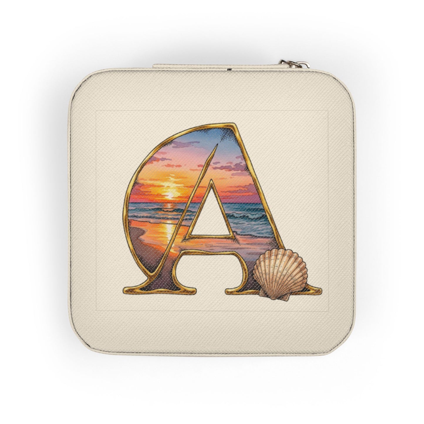 Beige pouch with a letter 'A' design featuring a sunset and shell on a white background