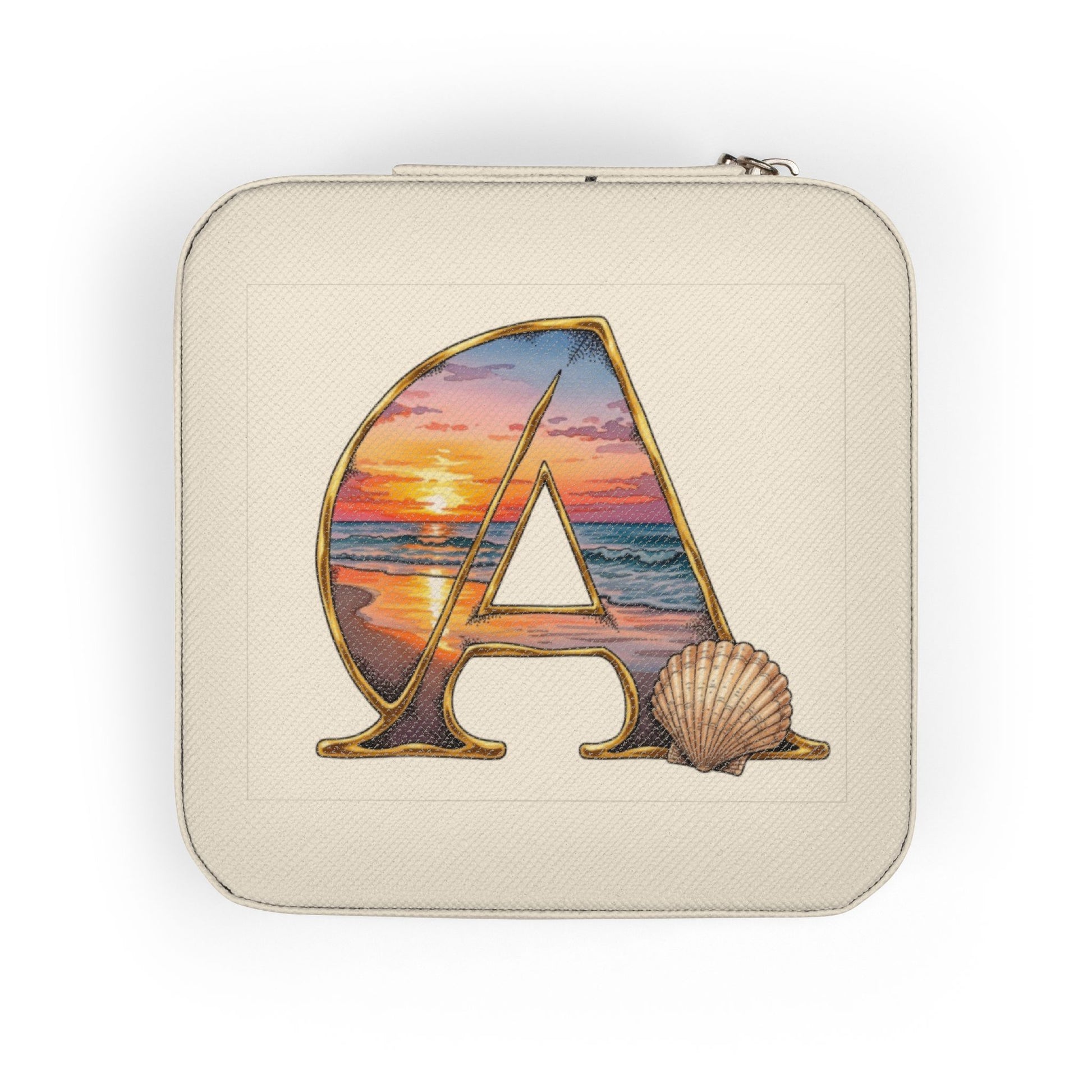 Beige pouch with a letter 'A' design featuring a sunset and shell on a white background