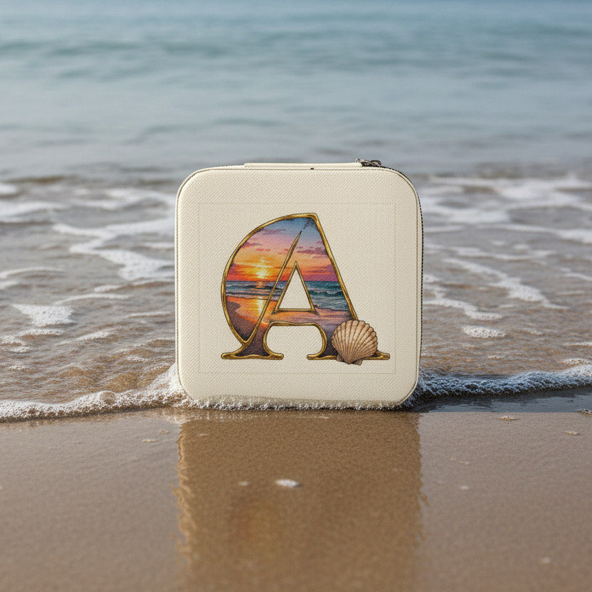 Square pouch with letter 'A' and shell design on a beach