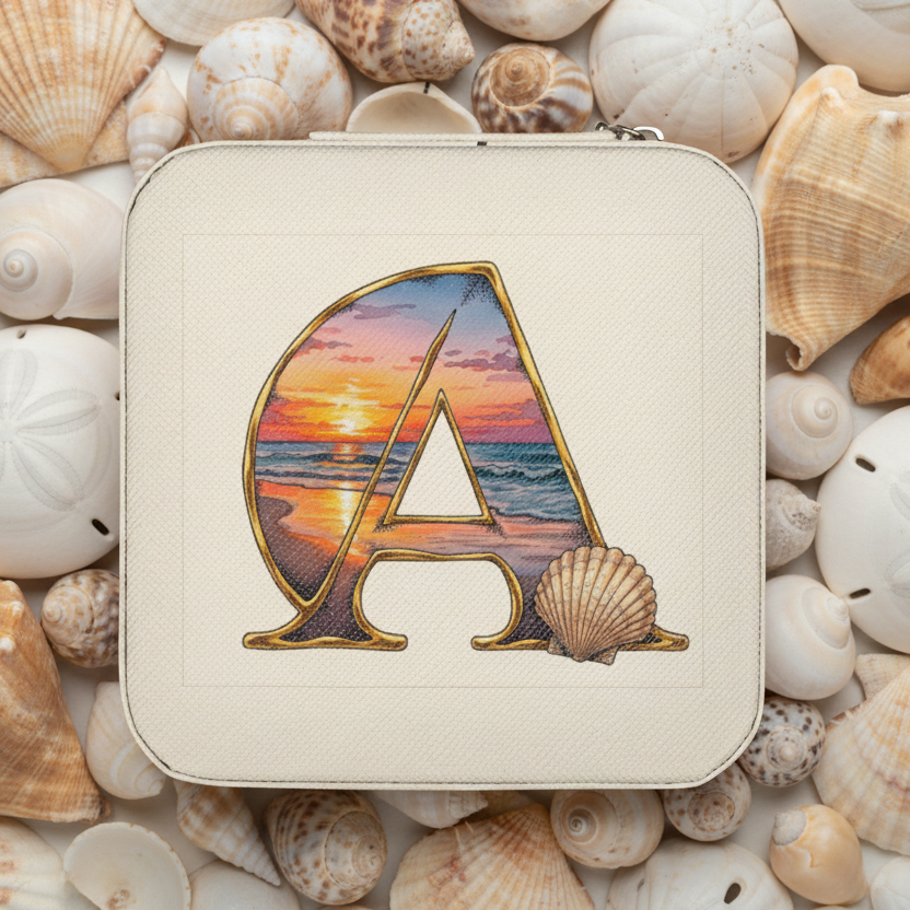 Beige pouch with a colorful 'A' design on seashells