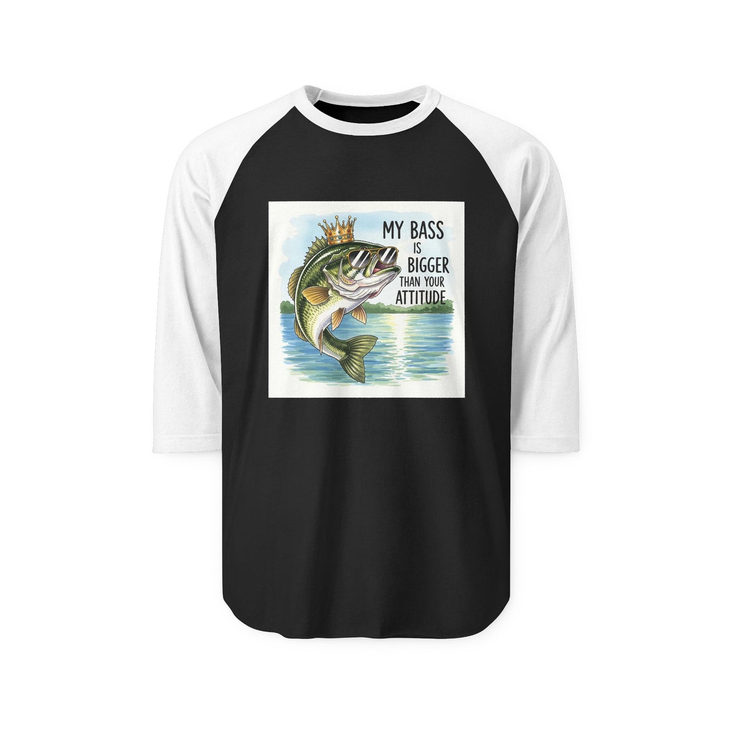 Black and white raglan baseball shirt with a bass graphic and text on a white background