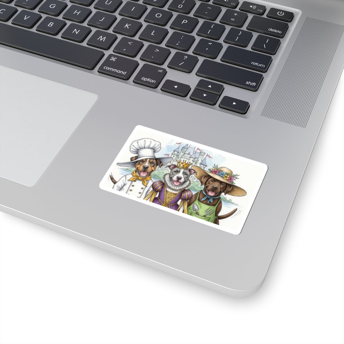 Laptop with a sticker of three cartoon dogs in costumes on the touchpad.