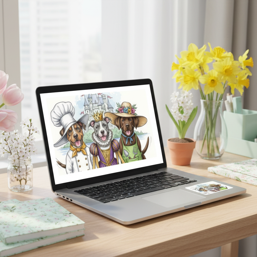 Laptop with a sticker with 3 dogs from the  storybook, "The Golden Bone"