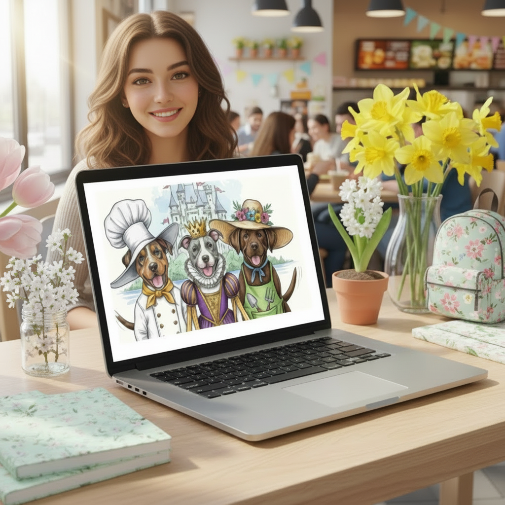 Laptop with a screen shot of the 3 dogs from the  storybook, "The Golden Bone" in a students room