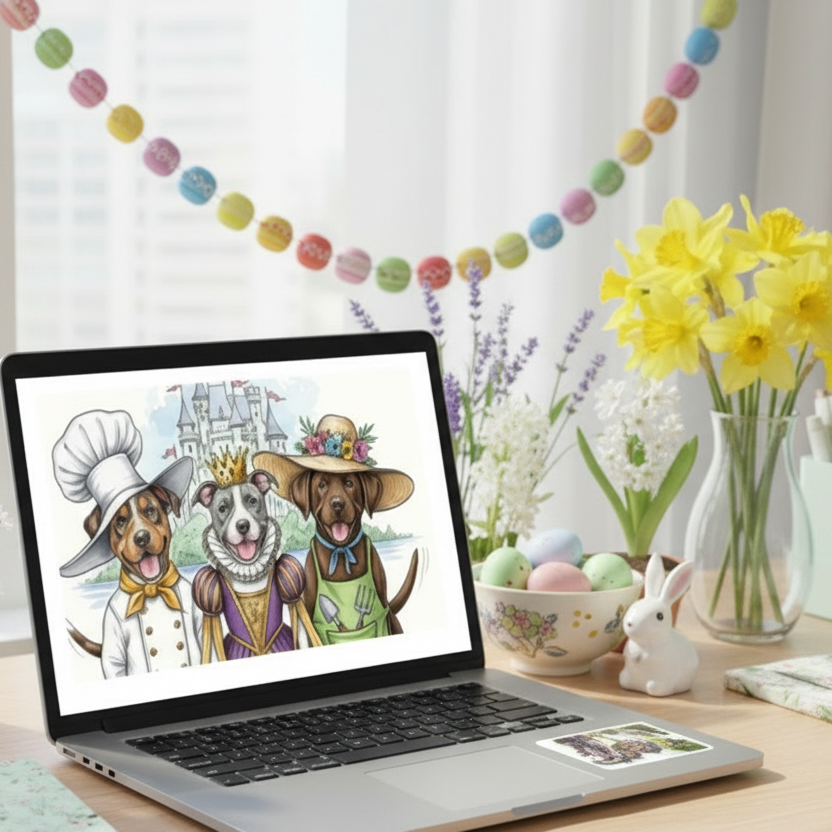 kiss cut Sticker on laptop - Laptop on a desk with cartoon dogs on the screen, surrounded by Easter decorations.