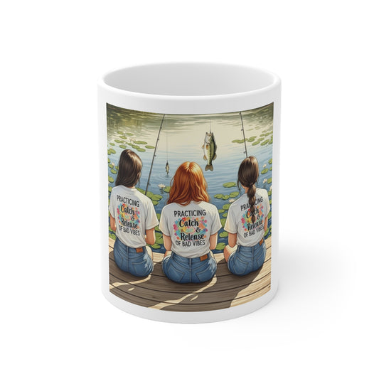Fishing Friends Ceramic Coffee Mug - Practicing Catch & Release, Fisherman's Gift, Outdoor Enthusiast Cup, Relaxation Beverage Holder