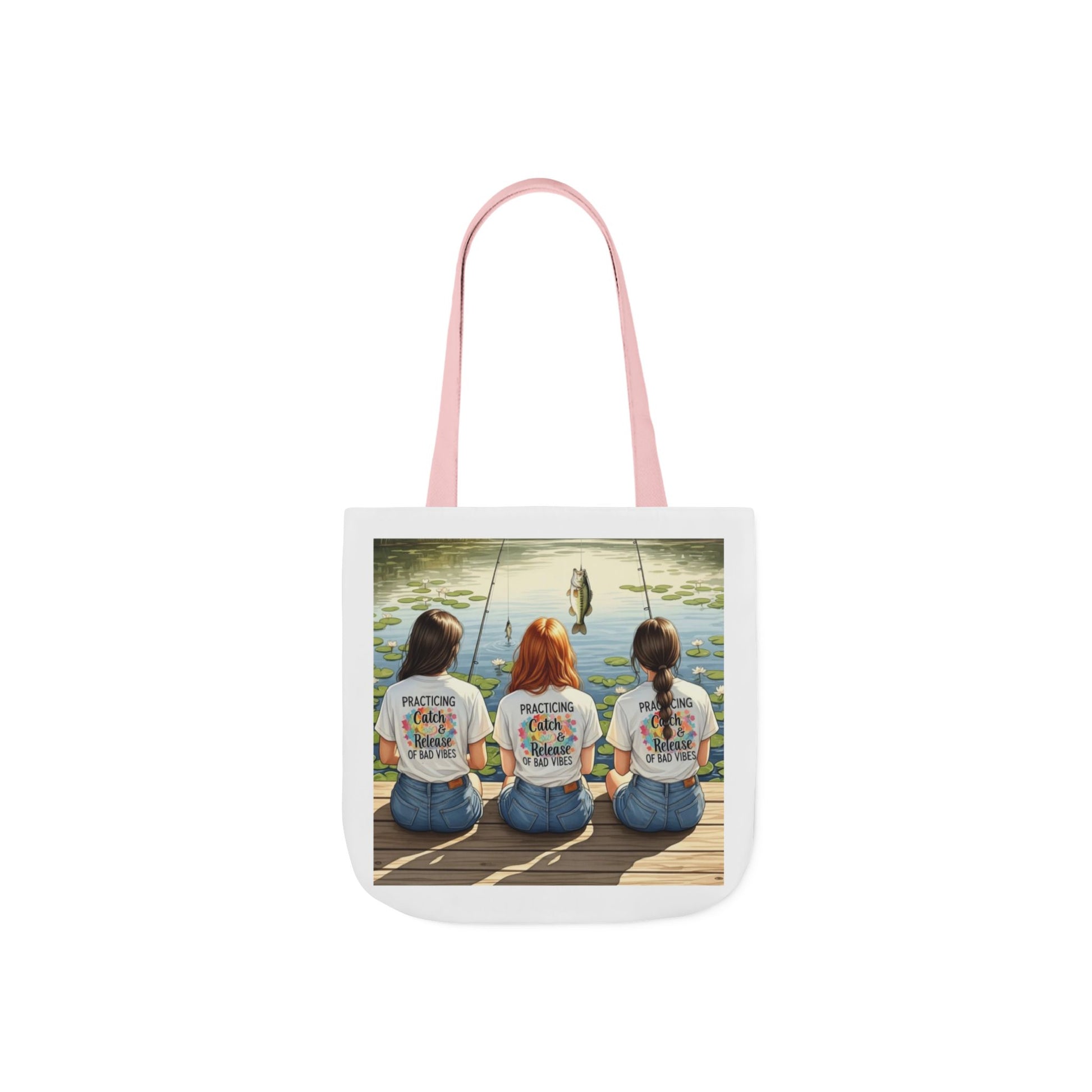 Tote bag with a printed design of three women fishing on a dock.