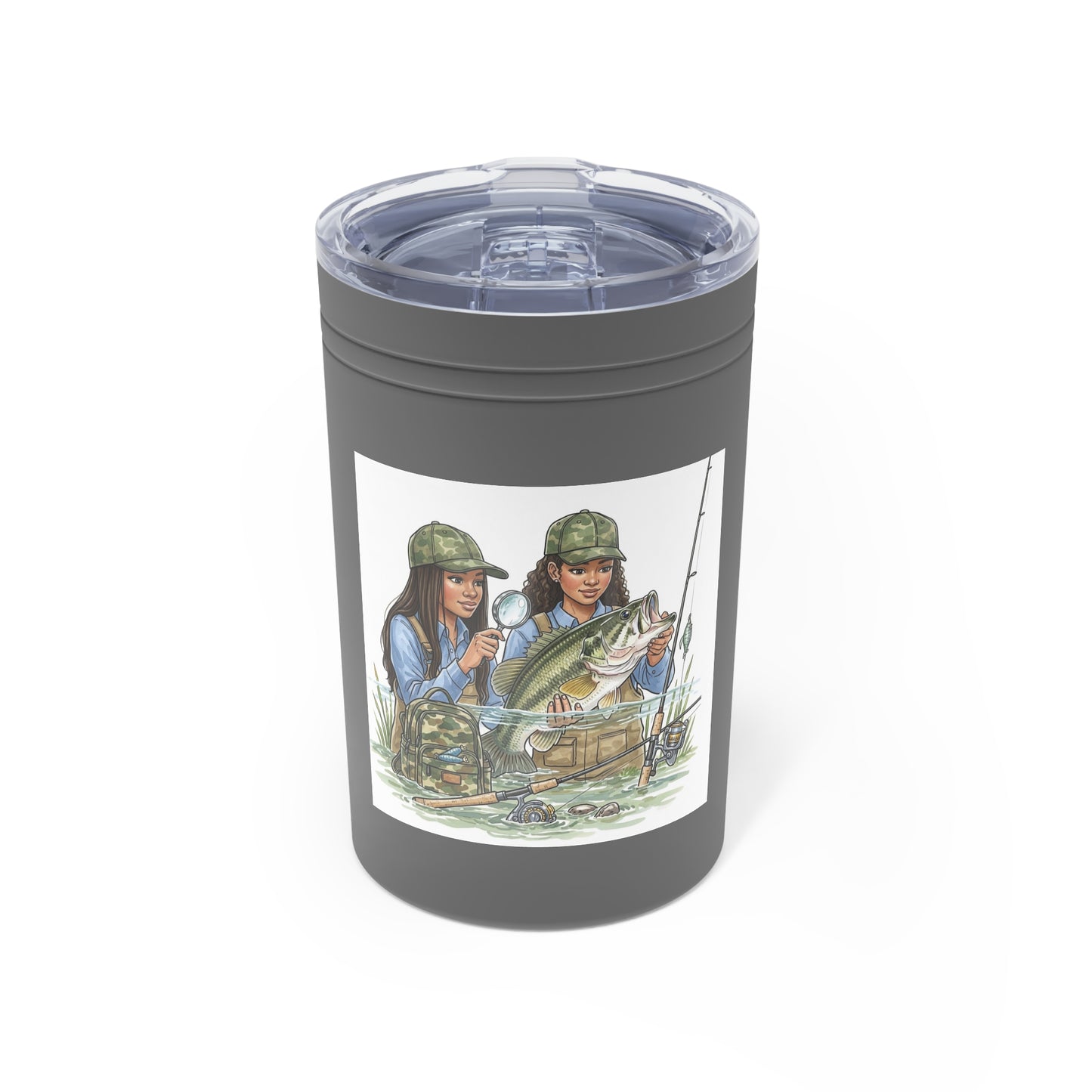 Gray tumbler with a graphic of two people fishing on a white background