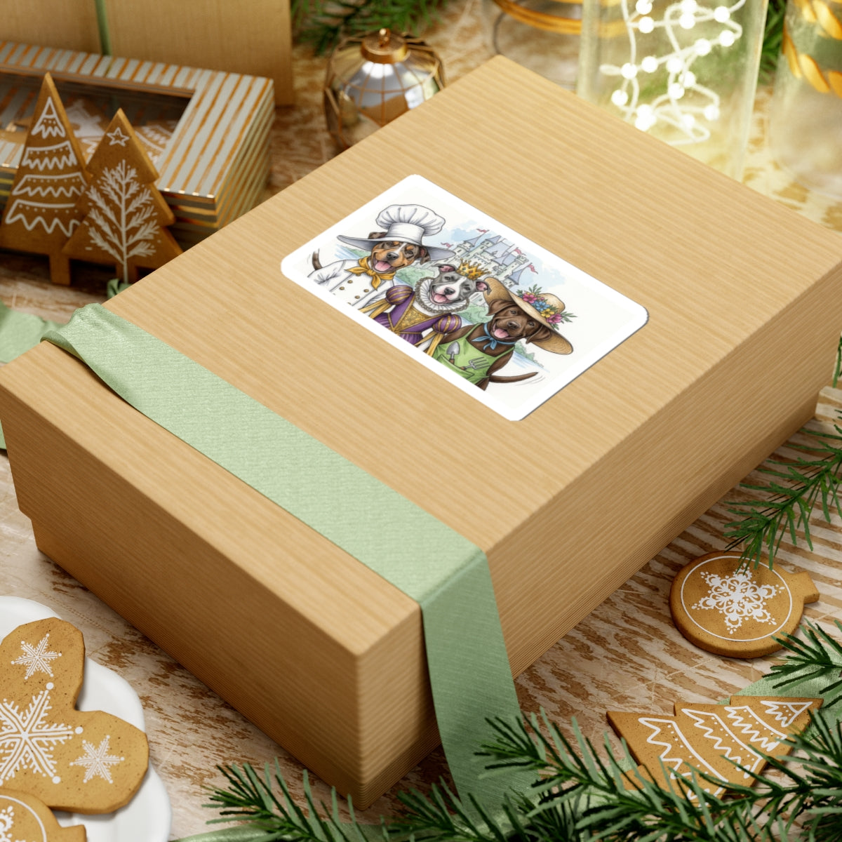 Wooden gift box with a decorative card on top, surrounded by Christmas-themed cookies and decorations.