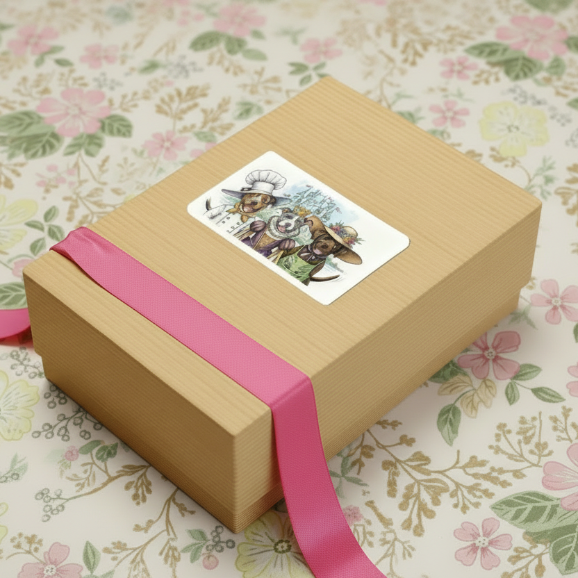 Cardboard gift box with cute label of 3 dogs from the storybook "The Golden Bone"