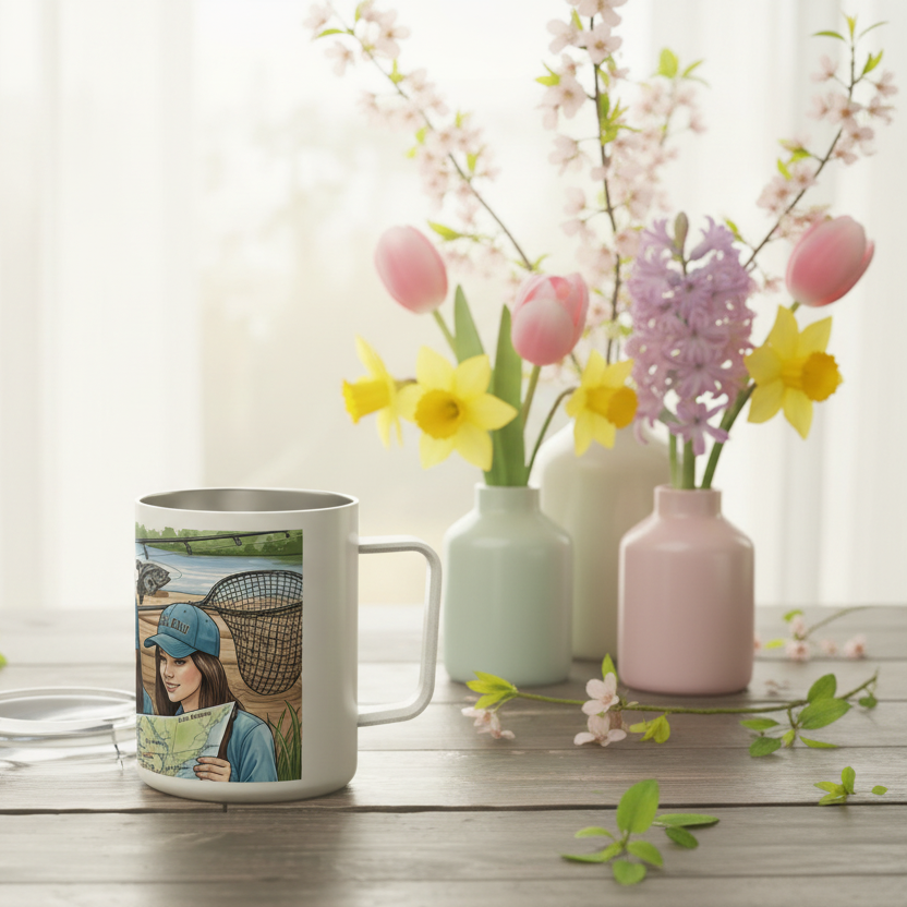 Mug with a scenic design next to vases with flowers on a wooden surface