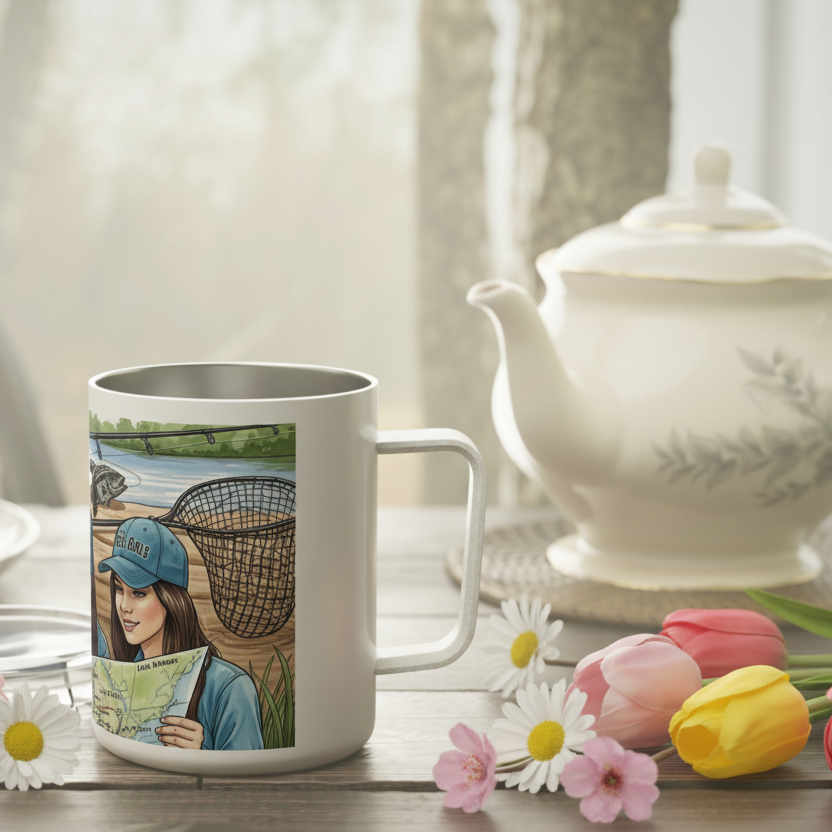 Mug with a design of a woman holding a map and fishing net, placed on a table with flowers and a teapot.