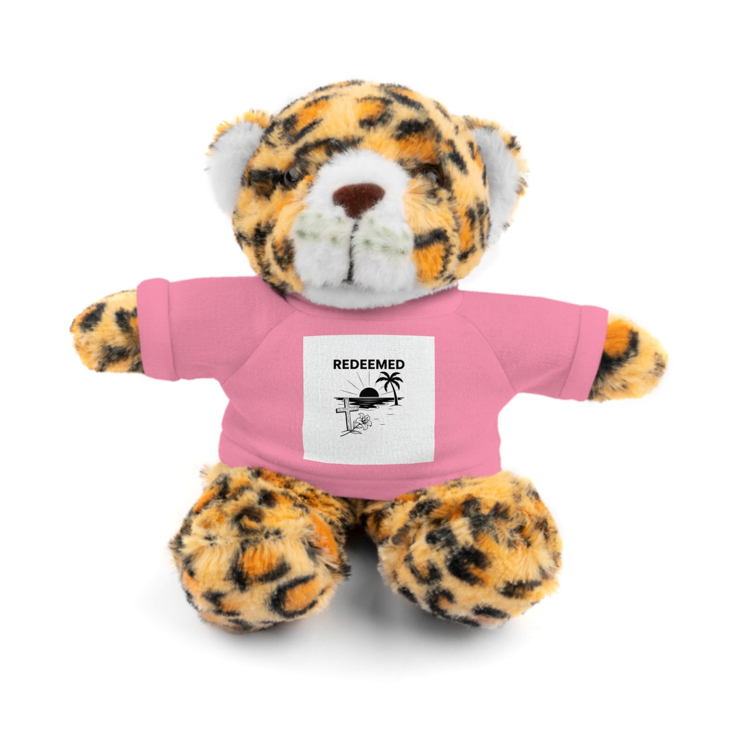 Plush tiger toy wearing a pink shirt with 'REDEEMED' text on a white background