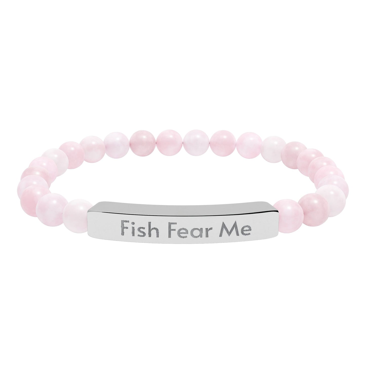 Pink beaded bracelet with a silver bar featuring 'Fish Fear Me' on a white background